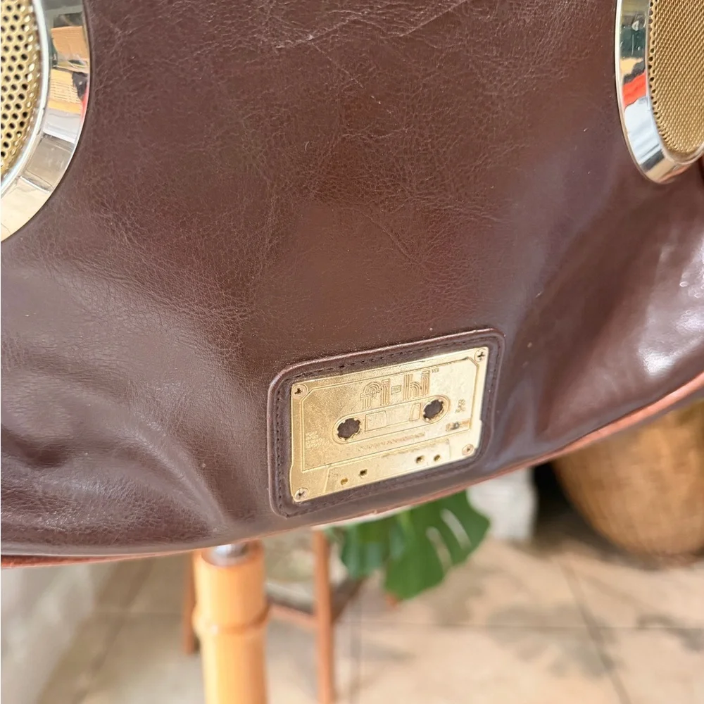 Fi-Hi Retro Speaker Shoulder Bag Built-In Amp & Speakers Brown Faux Leather Work